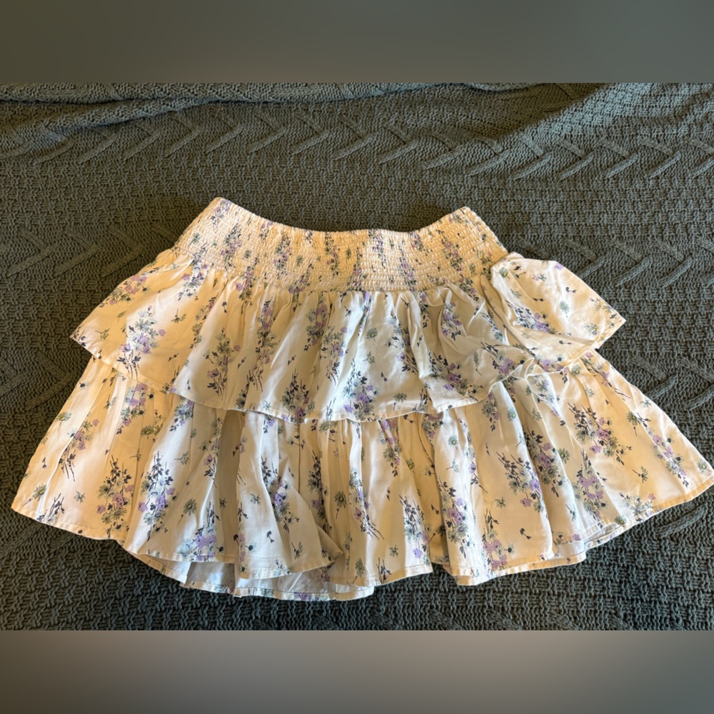 Aerie Cream Smocked Skirt with Floral Accents